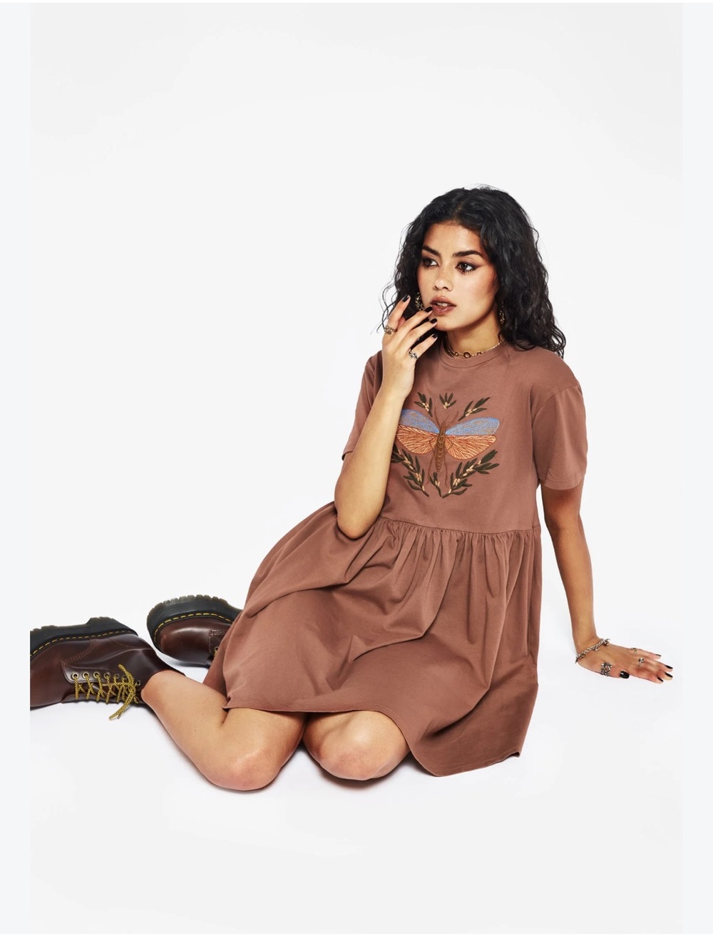 Disturbia Brown Embroidered Griffinfly Mini Dress